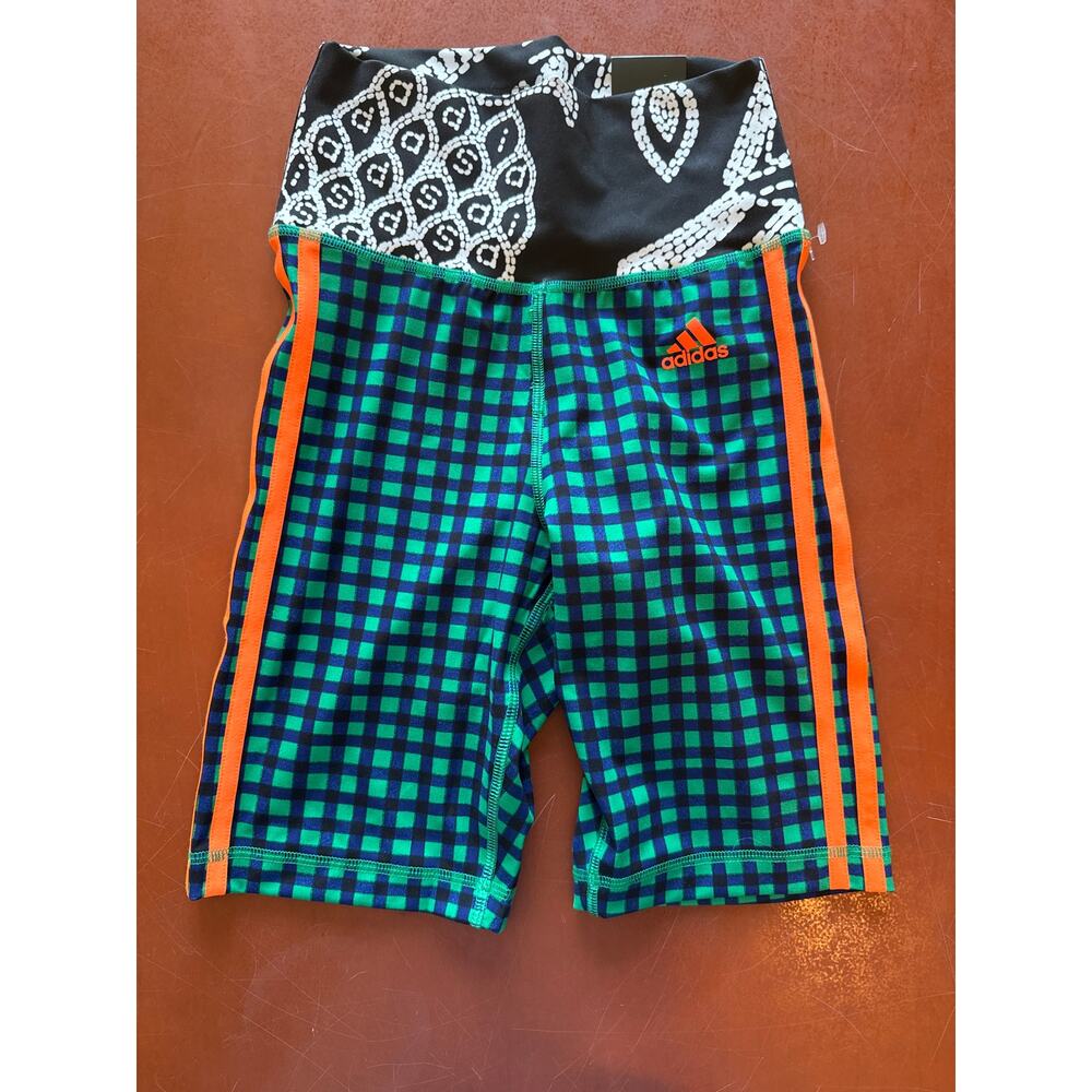 Adidas Farm Rio Biker Shorts Green Blue Orange Check 3 Stripe Contrast Print XS - Picture 2 of 8